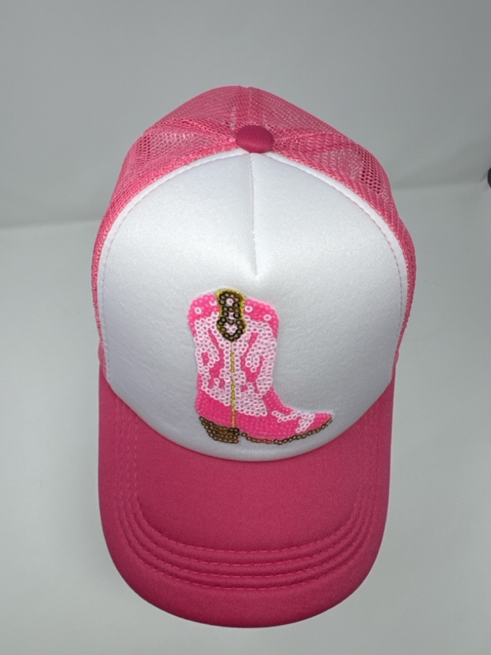 Pink Sequin Cowboy Boot Trucker Hat Western Cowgirl Snapback NWOT